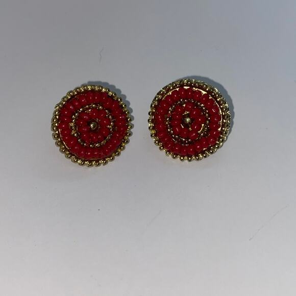 Gold-Tone Burgundy Red Beaded Stud Earrings - Picture 5 of 6